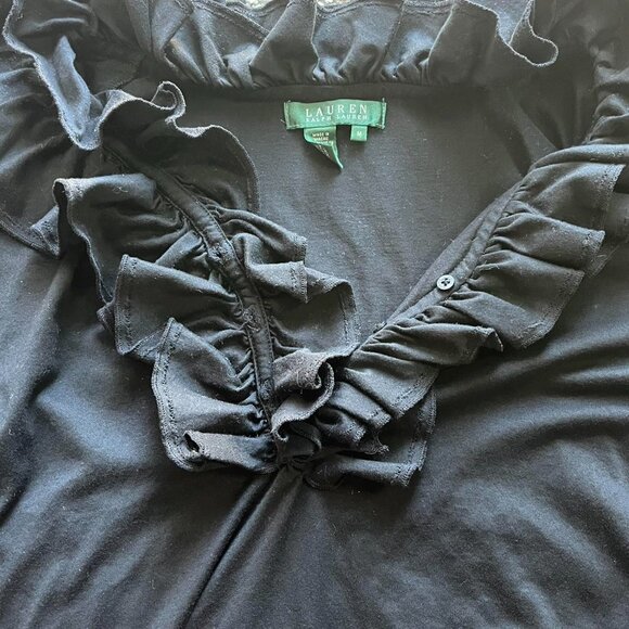 Ralph Lauren Blouse Black Womens Medium Ruffle 100% Cotton Long Sleeve Top - Picture 3 of 8